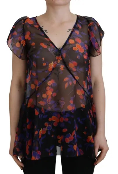 DSQUARED2 Топ Черная блузка с короткими рукавами и v-образным вырезом с цветочным принтом IT38/US4/XS 610usd