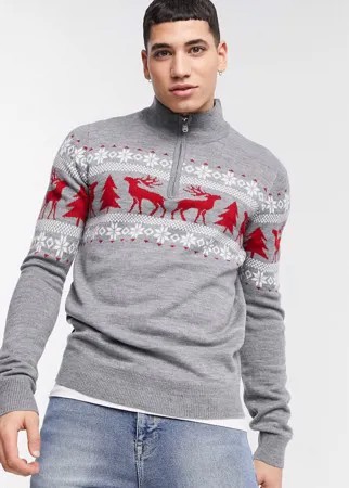 Серый джемпер с новогодним узором Фэйр-Айл и с короткой молнией Threadbare