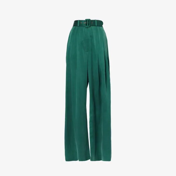 Широкие шелковые брюки с высокой посадкой, украшенные пряжками Zimmermann, зеленый