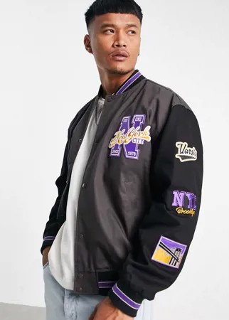 Черный oversized-бомбер в университетском стиле с фиолетовыми нашивками ASOS DESIGN-Черный цвет