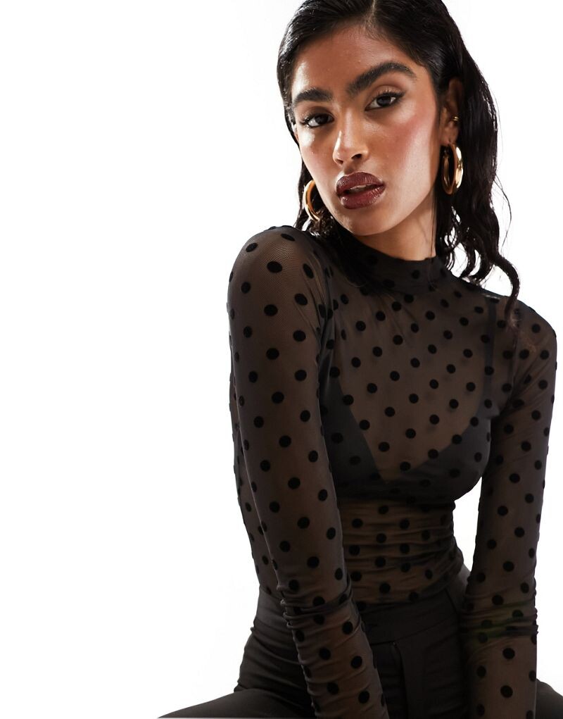 Черное сетчатое боди из флока в горошек с длинными рукавами ASOS DESIGN