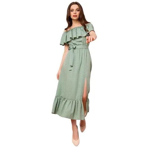 Платье сарафан в горох, открытые плечи с воланом, юбка колокольчик с воланом, цвет ментоловый, размер XL