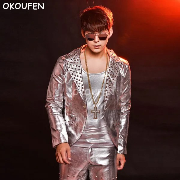 Мужская модная Серебристая мотоциклетная кожаная куртка с заклепками штаны для сцены танцевальный ночной клуб певец DJ набор для выступлений в Корейском стиле