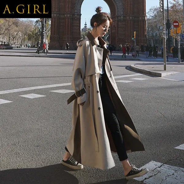 Женская ветровка в британском стиле для девушек, Новинка осени 2022, корейский двубортный облегающий Тренч средней длины, пальто в стиле пэчворк