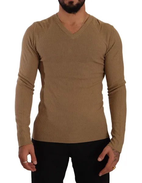 ERMANNO SCERVINO Свитер коричневый шерстяной вязаный мужской пуловер с v-образным вырезом IT48/US38/M $300