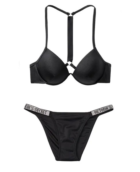 Victorias Secret Shine Strap Fabulous Push Up Top Bikini Swim Set Черный