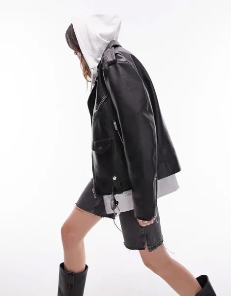 Черная байкерская куртка оверсайз из искусственной кожи Topshop