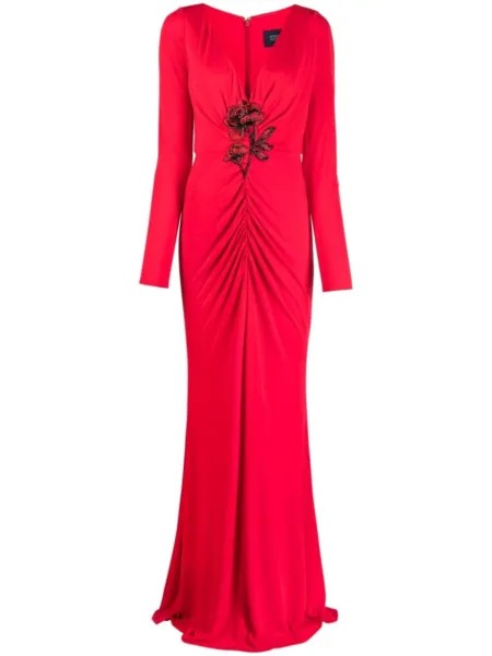 Marchesa Notte вечернее платье с цветочной аппликацией, красный
