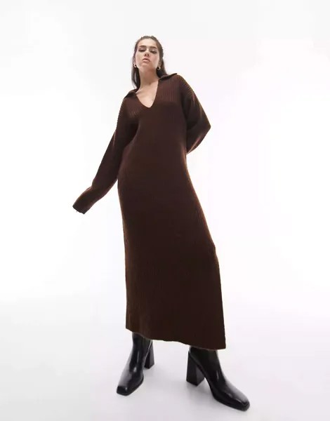 Коричневое вязаное платье-джемпер миди с открытым воротником и открытым воротником Topshop