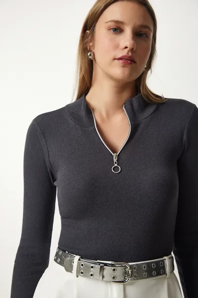 Женская трикотажная блузка антрацитового цвета с воротником на молнии Happiness İstanbul, серый