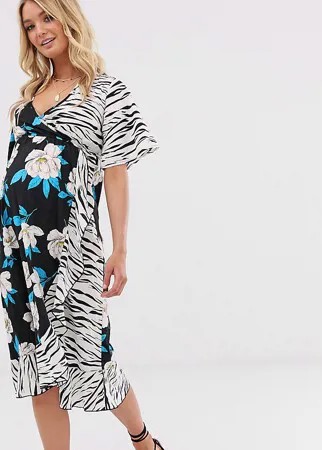 Платье миди с запахом и комбинированным принтом Influence Maternity-Черный