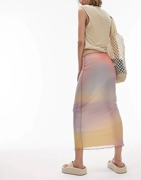Разноцветная юбка миди с пастельной сеткой и размытым принтом Topshop Petite