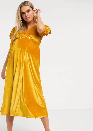 Коричневато-желтое бархатное платье с пышными рукавами ASOS DESIGN Maternity-Желтый