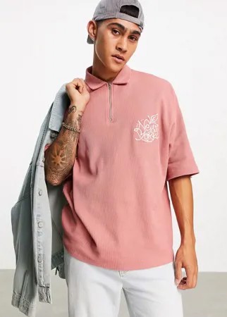 Розовая футболка-поло в стиле oversized из вафельной ткани с вышивкой на груди ASOS DESIGN-Розовый цвет