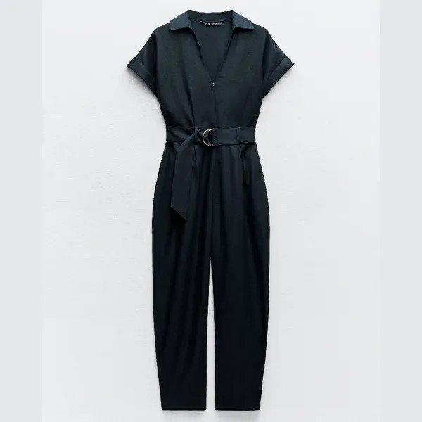 Комбинезон Zara Linen Blend With Belt, темно-синий