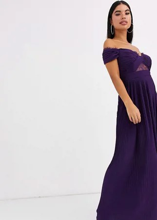Платье макси с открытыми плечами, кружевом и плиссировкой ASOS DESIGN Petite-Фиолетовый цвет