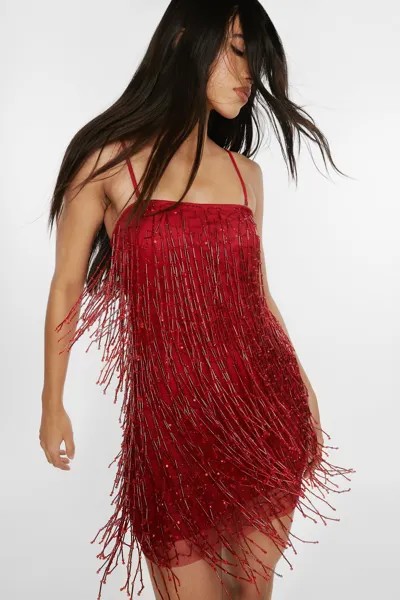 Мини-платье бандо с кисточками и бисером Nasty Gal, красный