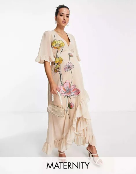 Платье макси с запахом и вышивкой Hope & Ivy Maternity Персиковое цветочное платье