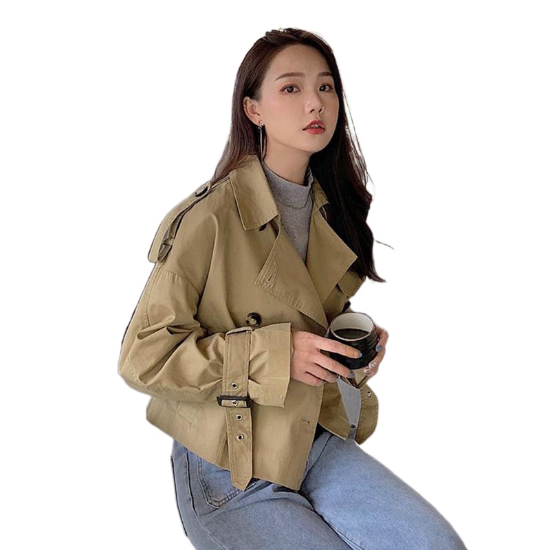 Женская короткая ветровка, однотонная двубортная свободная повседневная куртка с отложным воротником, в Корейском стиле, весна 2021