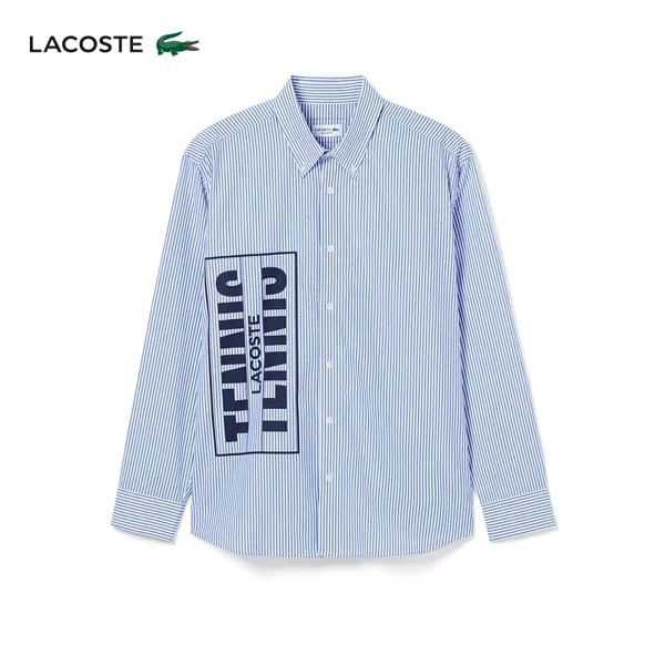 Рубашка хлопковая Lacoste с длинными рукавами, белый / голубой
