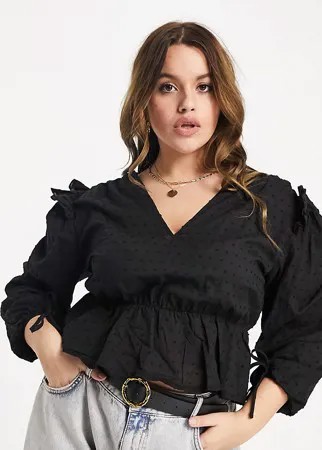 Черная блузка из ткани добби с завязками на манжетах Missguided Plus-Черный