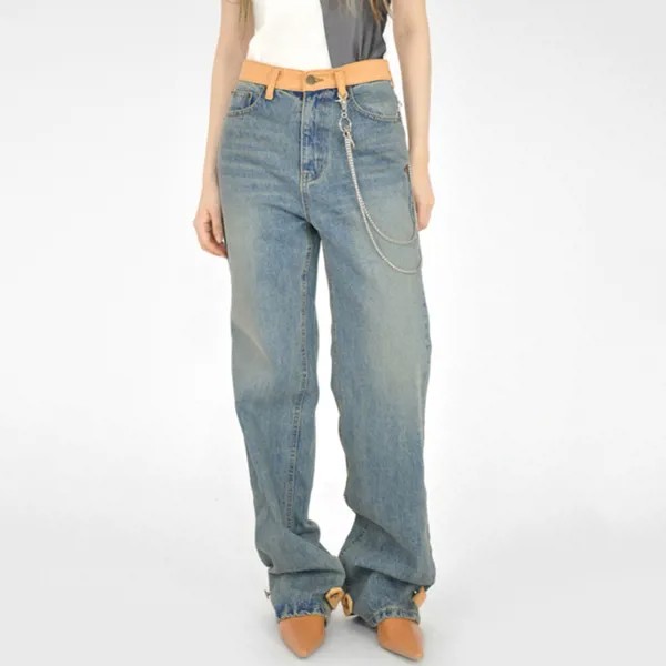 Модные Лоскутные контрастные цветные джинсы, женские осенние новые свободные прямые джинсовые брюки с высокой талией для женщин, 2022