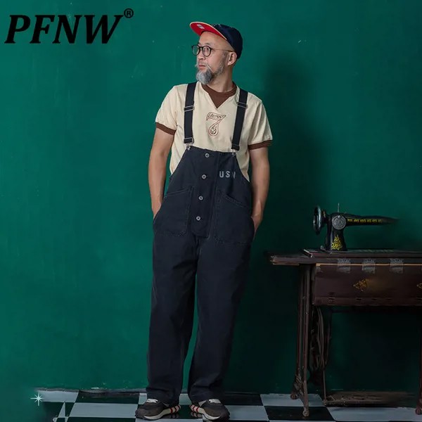 Мужские однотонные хлопковые брюки PFNW, повседневные винтажные подтяжки с карманами, модель 12A6543 на осень и зиму, 2023
