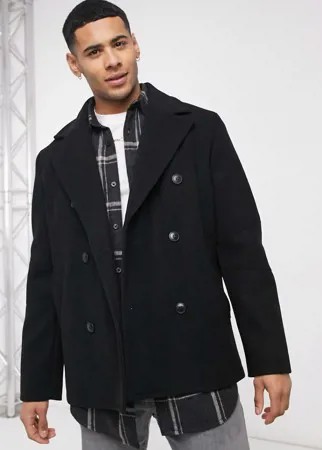 Черный бушлат из искусственной шерсти Topman