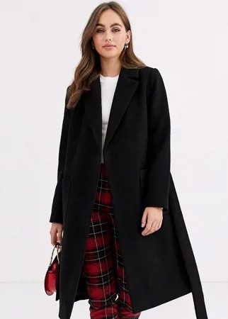 Черное шерстяное пальто с поясом Pimkie-Черный