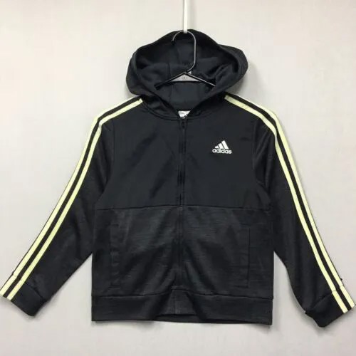 Спортивная куртка Adidas с капюшоном и полной молнией (размер для мальчика S), темно-серый полосатый логотип