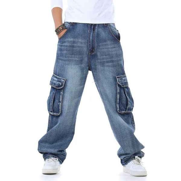 2021 Новый японский стиль Бренд Мужские прямые джинсовые брюки-карго Брюки Байкер Джинсы Мужчины Мешковатые Свободные синие джинсы с боковыми карманами Джинсы Мужчины