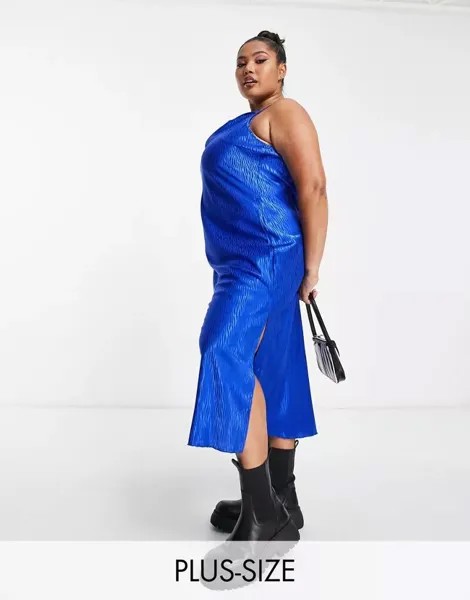 Синее атласное платье миди с воротником-хомутом New Look Curve