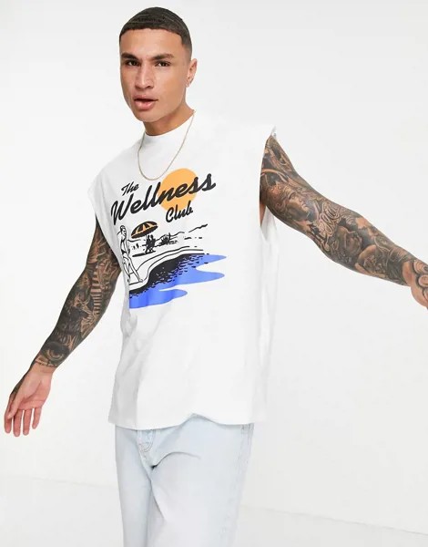 Белая майка из органического хлопка в стиле oversized с пляжным принтом ASOS DESIGN-Белый