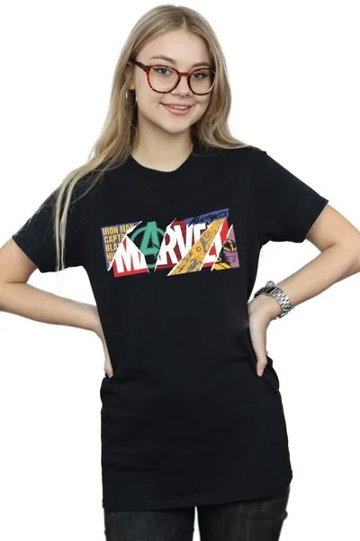 Хлопковая футболка бойфренда с логотипом Collage Marvel, черный