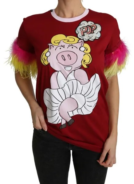 DOLCE - GABBANA Топ Красная футболка с принтом свиньи и перьями на рукавах IT44/ US10/L Рекомендуемая розничная цена 1300 долларов США