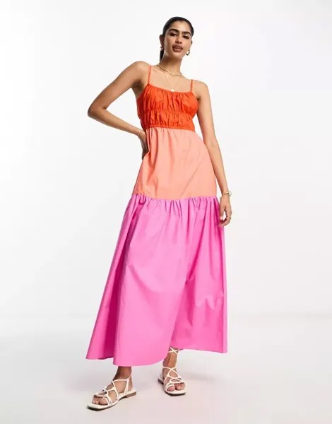 Розовое платье миди со сборками в стиле колор-блок Mango