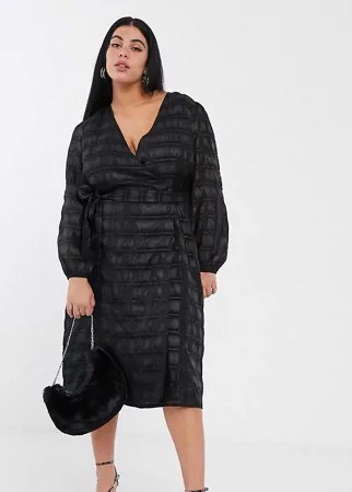 Платье мидакси из органзы в клетку с запахом и пышными рукавами Glamorous Curve-Черный