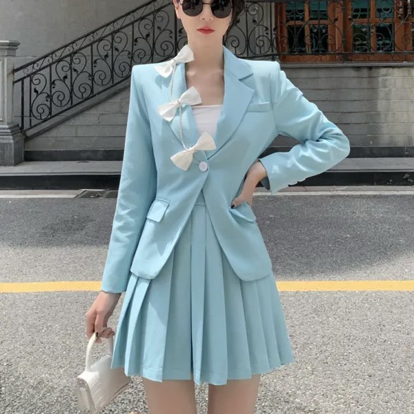 Корейский Модный повседневный комплект из двух предметов, женский пиджак с бантом + плиссированная юбка, уличная одежда, комплект из двух пр...