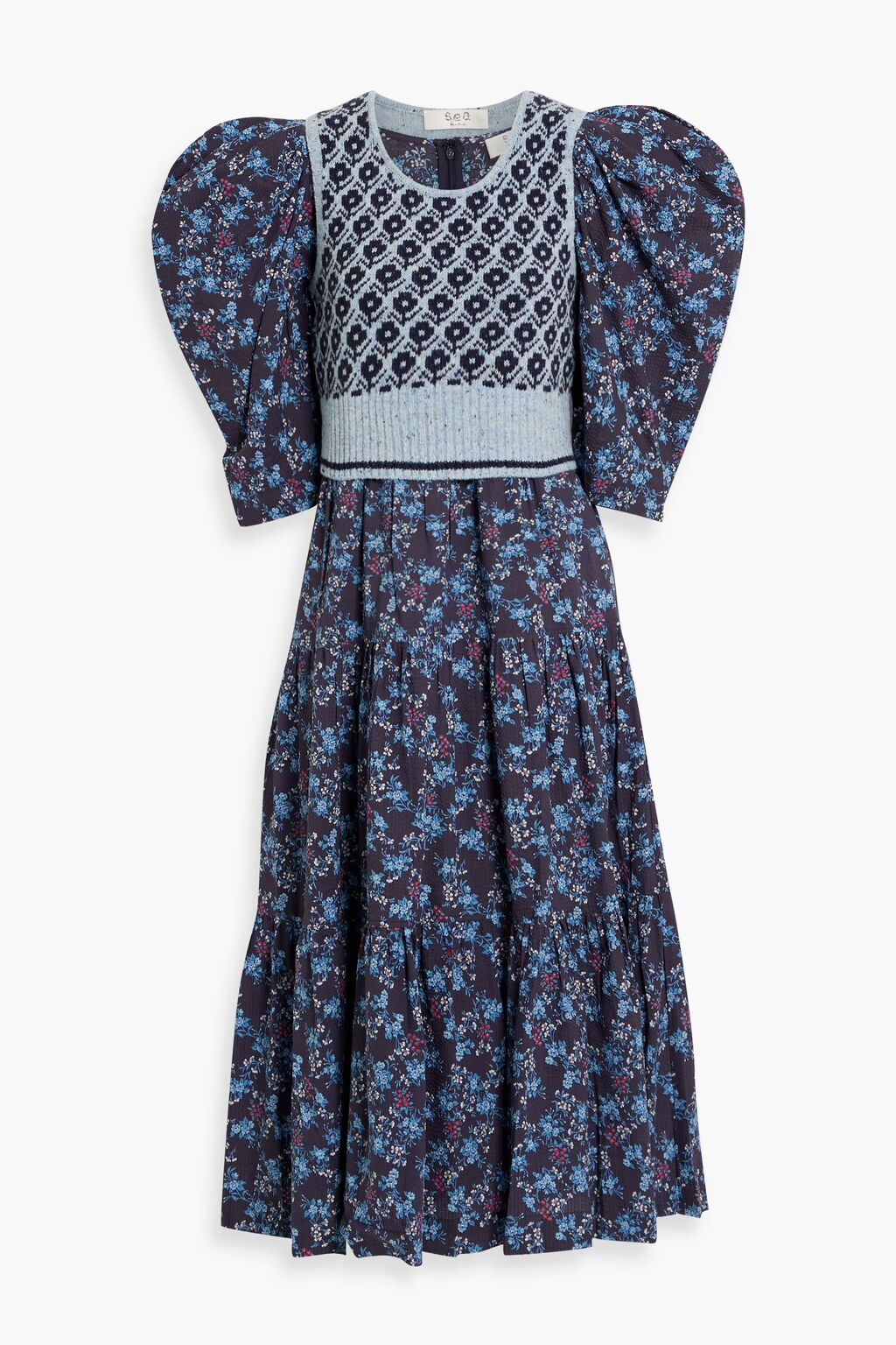 Многоярусное платье миди Tilly из хлопка с цветочным принтом и вязки интарсия Sea, темно-синий