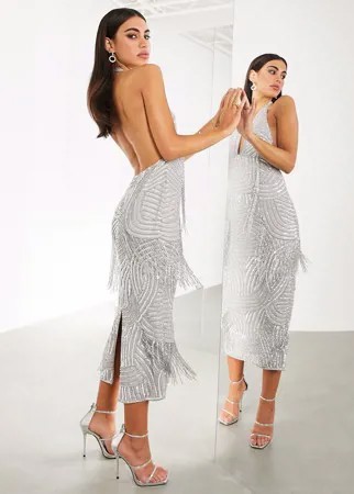 Платье миди с бахромой и глубоким вырезом ASOS EDITION-Серебристый