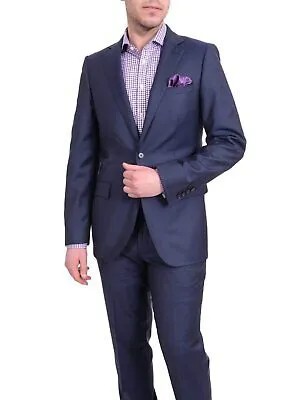 Мужской приталенный темно-синий шерстяной костюм с текстурой на двух пуговицах