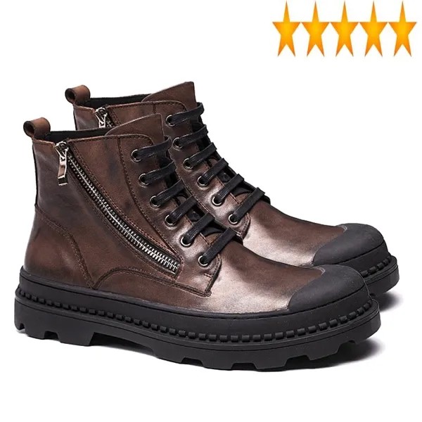 Помогите зимние Высокие Мужские модельные туфли из натуральной кожи ботинки-дезерты круглый носок Подкладка из флиса теплые ботинки, на шнуровке, обувь с боковой молнией