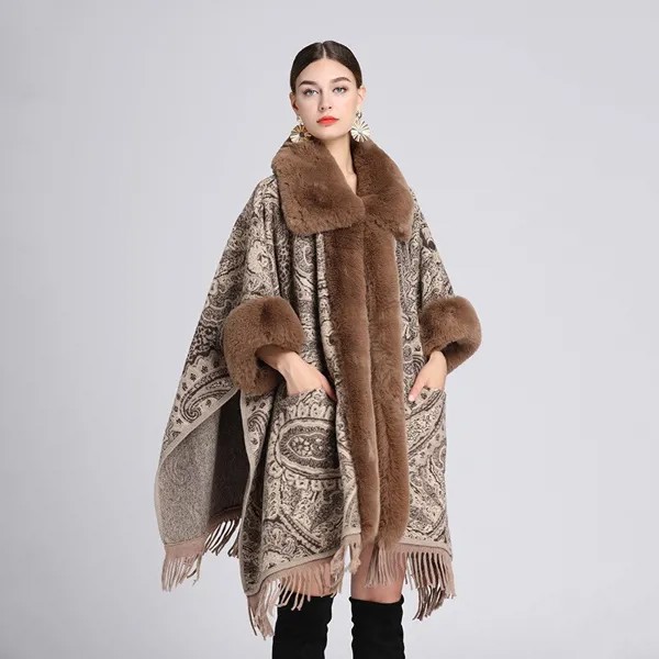 Европейская и американская осенне-зимняя новая имитация искусственной шаль плащ жаккардовое свободное шерстяное пальто с кисточками