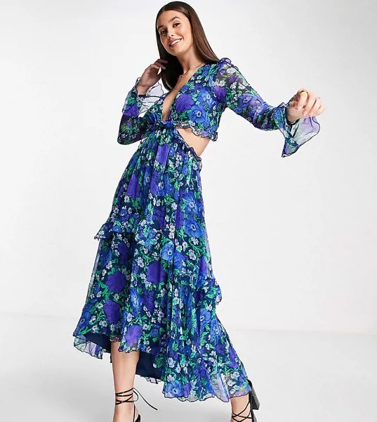 Платье миди с цветочным принтом, глубоким вырезом, оборками, шнуровкой и завязкой на спине ASOS DESIGN Tall-Разноцветный