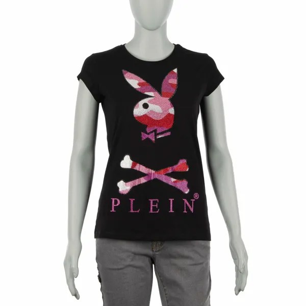 Футболка PHILIPP PLEIN X PLAYBOY Bunny Skull Logo Crystals Black Pink 08491