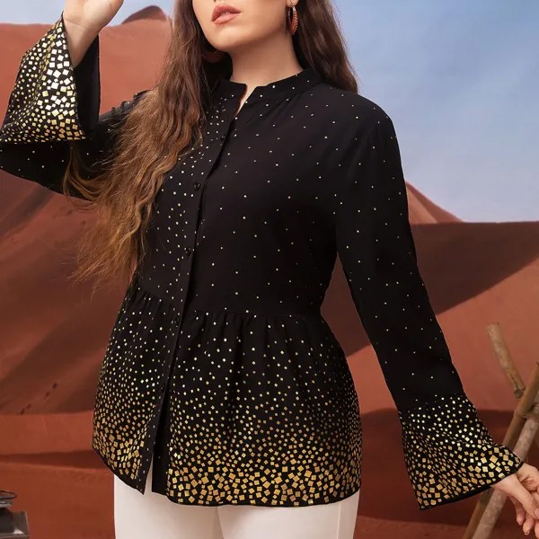 Размера плюс Блуза золотистый с геометрическим принтом с рукавами-воланами