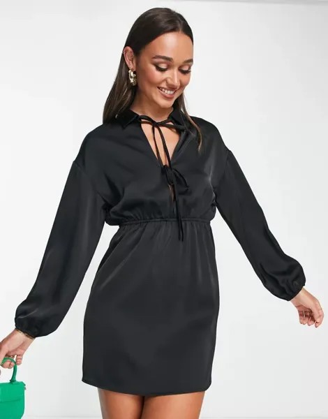 Черное атласное короткое платье-рубашка с разрезом спереди Lola May
