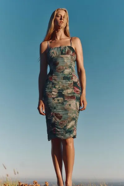 Платье с цветочным принтом и драпированной платьем ZARA, разноцветный