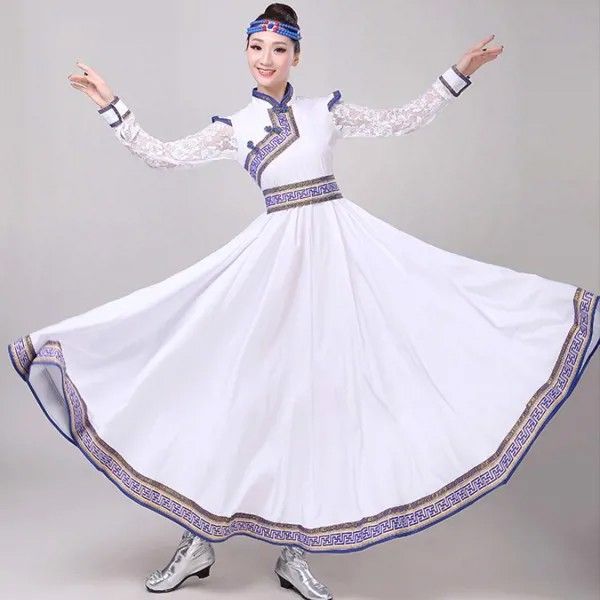 Длинное платье в тибетском стиле для женщин, праздничные танцевальные костюмы, народный танец, одежда для сцены, платье принцессы белого цвета в Монголии
