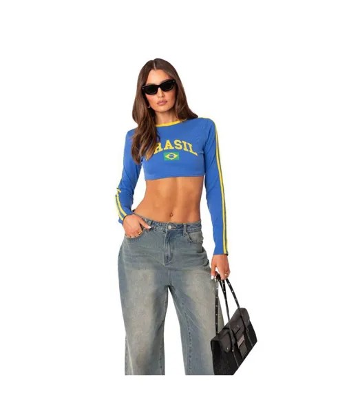 Женская укороченная футболка Бразилия с длинным рукавом и контрастными полосками Edikted, синий